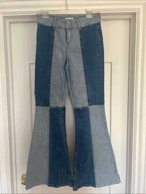 Shyanne Two-Tone Patchwork Flare Jeans in Light & Dark Blue